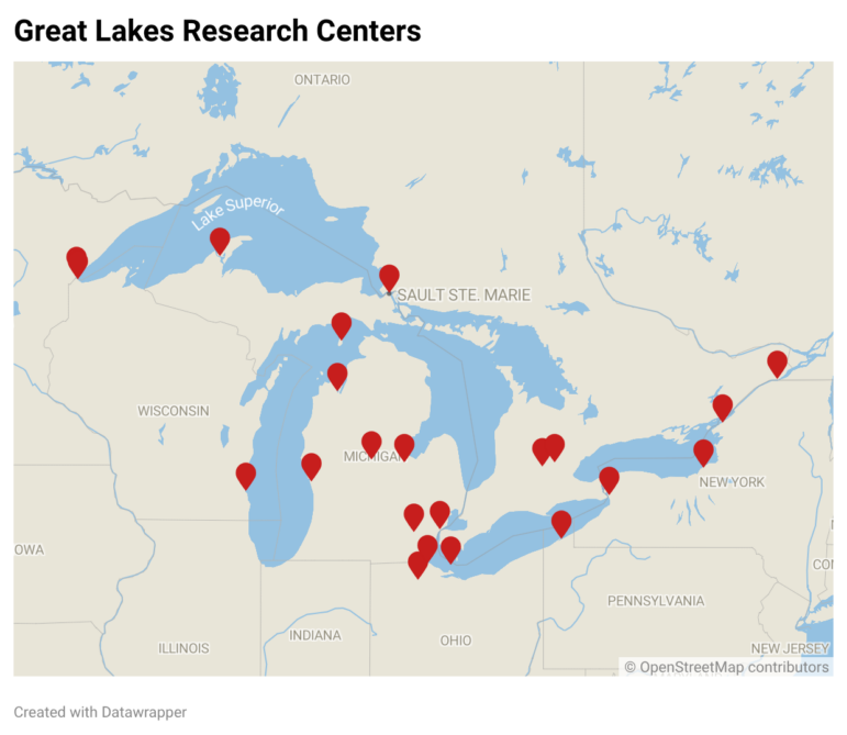 Mapa de las ubicaciones del Centro de Investigación de los Grandes Lagos en Estados Unidos y Canadá. La mayoría están ubicadas en Michigan.